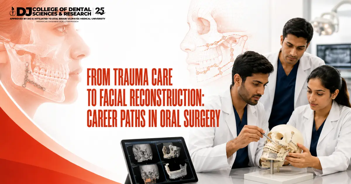 Oral surgeons performing a complex facial reconstruction procedure in a modern operating theatre, showcasing advanced clinical training at one of the leading private dental colleges in UP, DJ Dental College.