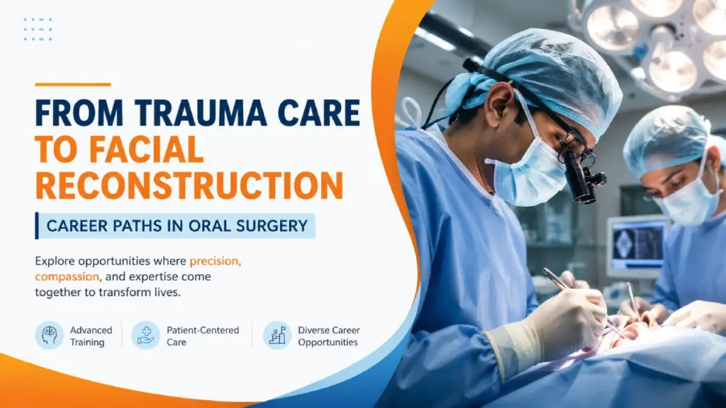 Oral surgeons performing a complex facial reconstruction procedure in a modern operating theatre, showcasing advanced clinical training at one of the leading private dental colleges in UP, DJ Dental College.