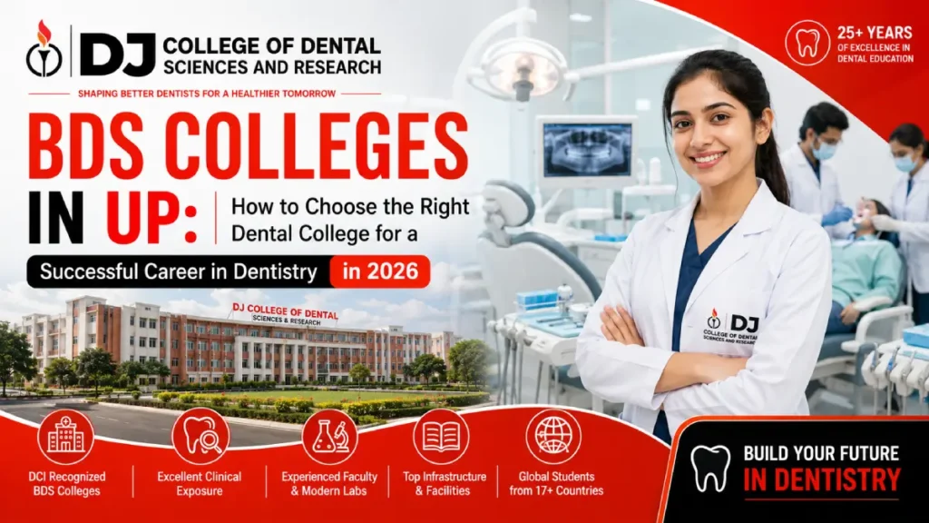Students in white coats training with dental chairs and modern equipment at a BDS college in UP in 2026