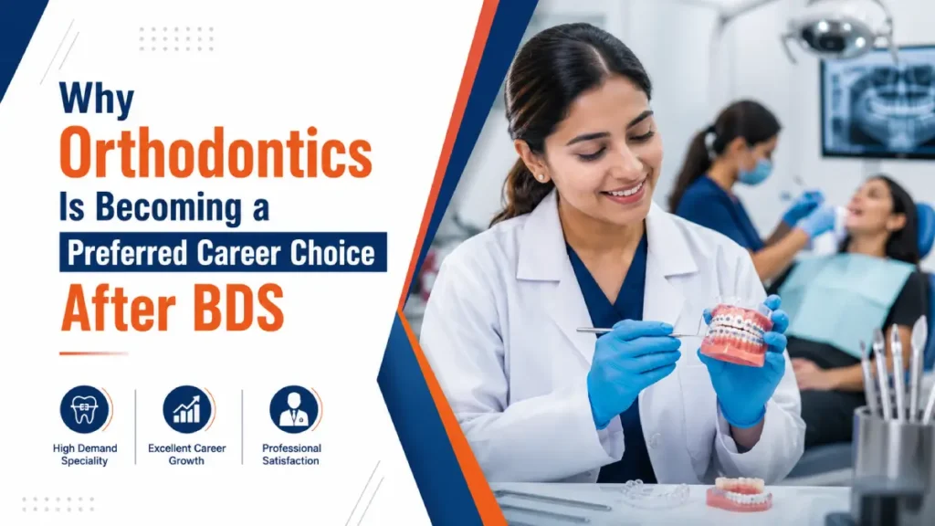 Orthodontics career after BDS with a dental specialist explaining braces treatment, representing quality dental education and BDS course fees in private college at DJ Dental College.