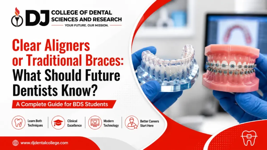 Clear aligners and traditional braces training at DJ Dental, one of the best dental colleges in India for orthodontics education.